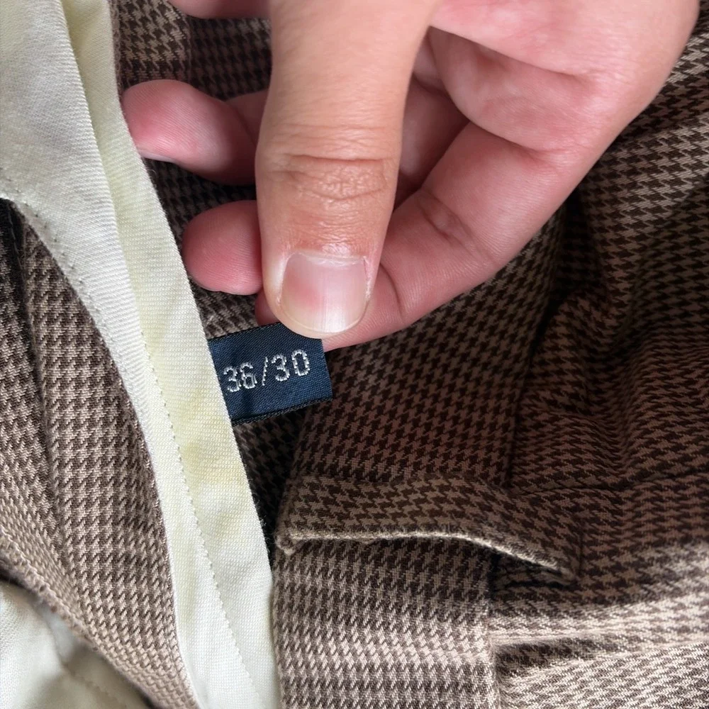 Vintage Polo Ralph Lauren Houndstooth Pleated Cotton Trousers Brown Tan 36x30‎